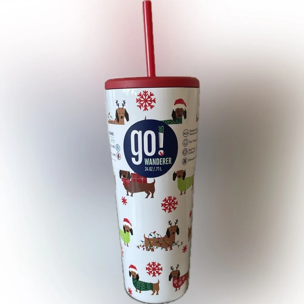 Dachshund  24oz stainless steel holiday Go Wanderer tumbler with Straw